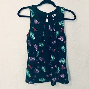 Elle Floral Sleeveless Bow-Detail Top NWOT XS Black Teal Print